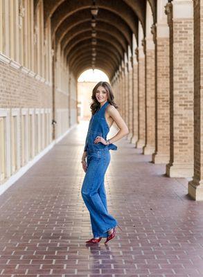 TTU Seniors graduate session with woman wearing a denim halter top with jeans.