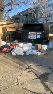 Trash all around the garbage because there too cheap to get a bigger trash can