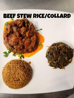 BEEF COOKED WITH LATHA NATURAL SPICES SERVED WITH RICE AND COLLARD GREENS