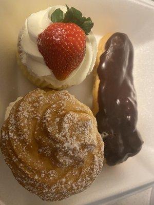 Strawberry cheesecake, eclair, cream puff.