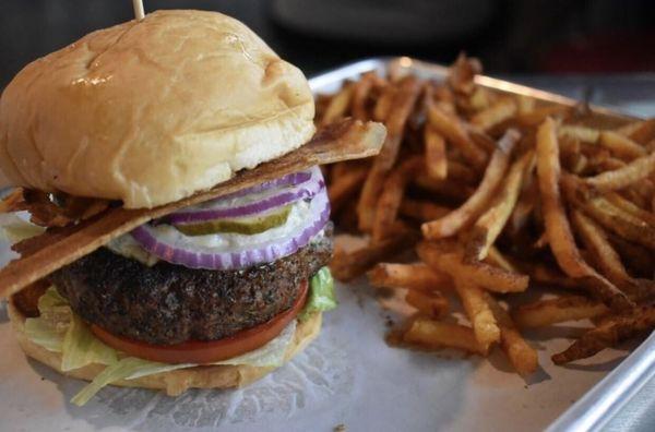 Black, Blue, and Bacon Burger