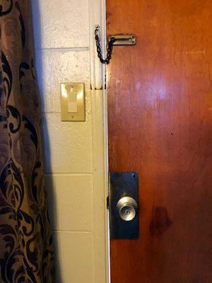 weak point of the room, door security, no deadbolt, only doorknob button and laughable chain.