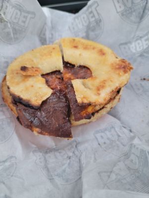 Sausage & cheese bagel.  That dark is the burnt American cheese