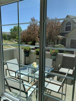 Our patio through the crystal clear windows.