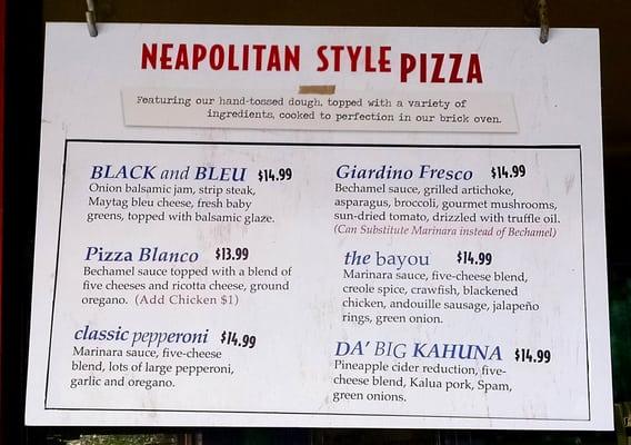 The pizza menu