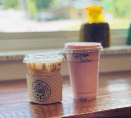 Bearded blondie iced coffee and strawberry smoothie