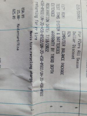 Receipt for tires