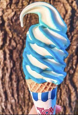 Blu goo (cotton candy) flavor burst in a waffle cone. Our most popular flavor