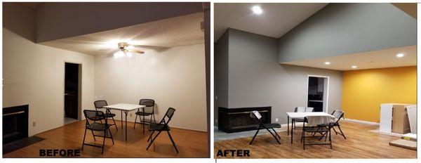 Removed popcorn ceiling and painted walls, including multiple accent walls of high vaulted ceilings