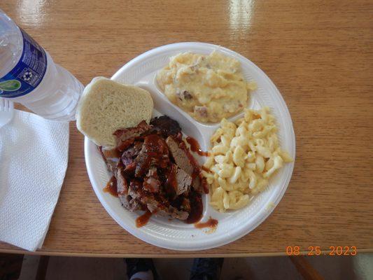 Beef Brisket Mac and cheese and cheesy potatos