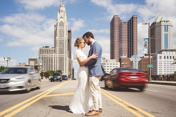 Couple on a busy street in Columbus, OH