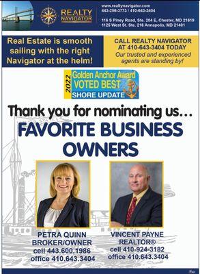 Thank you for voting us Favorite Business Owners! #Congratulations #thank-you #realtynavigator