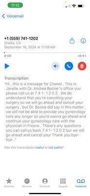 Transcript of the voicemail left by Dr. Boones office.