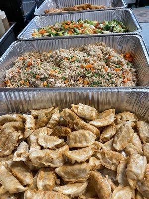 Trays To Go for catering parties to be delivered or picked up at our location in Kitty Hawk. Fried Dumplings & Fried Rice.