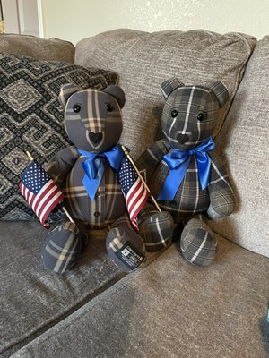 The client's neighbor's son died in a bad accident. They wanted 2 shirts of his made into memory bears for the family.