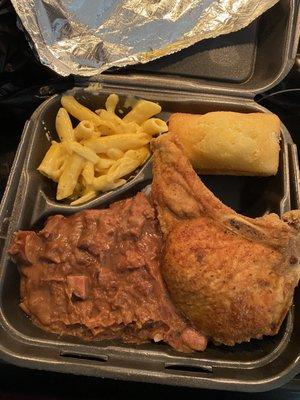 Red Bean Plate with a pork chop, mac-n-cheese and cornbread. I could eat this every Monday!