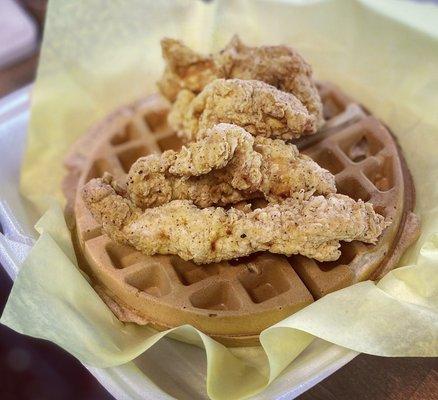 Hand breaded chicken and homemade spiced waffle