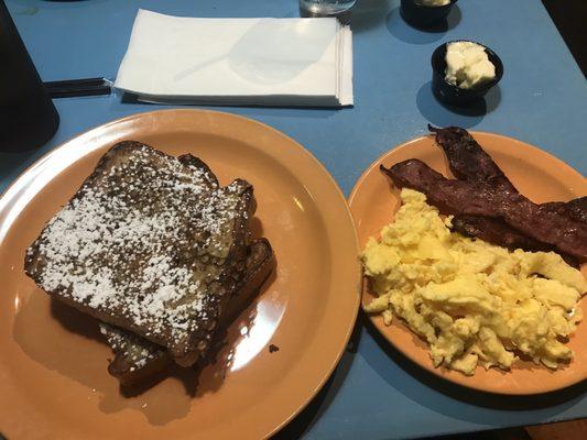 Great french toast with a side of turkey bacon and powered eggs.