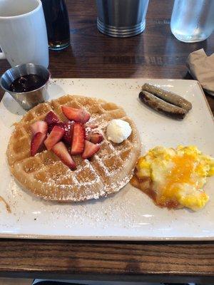 Pancakes with strawberries and turkey sausage