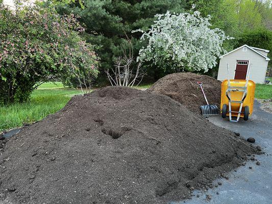 Garden soil with 50/50 compost ratio in the front and mulch in the back. Very happy about both.