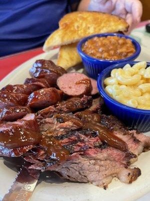 #2 Plate with Brisket and Polish sausage beans and Mac & cheese