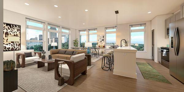 Interior of apartment with stainless appliances open floorplan