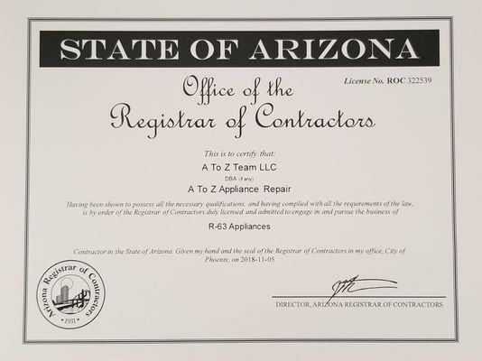 We are fully Licenced Arizona Appliance Repair Contractors, Bonded and Insured.