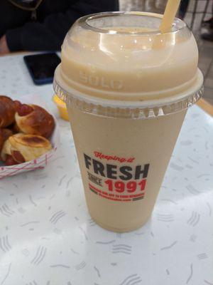 Mango banana slushie and 8 pc mini pretzel dog.