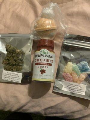 CBG+ B12, CBD gummies and bath bomb, & Delta 8