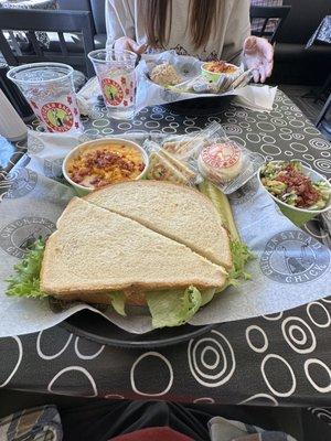 Pimento Cheese BLT Sandwich, Loaded Potato Soup and Broccoli Salad. Very yummy!