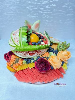 Carved Baby carriage from watermelon for baby shower and fruit arrangement