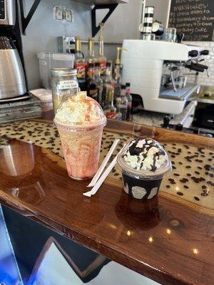 Strawberry shortbread blended coffee and kid's cookie and cream cacao