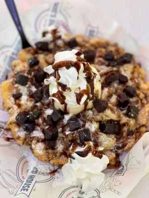 Up-close of Chocolate Lovers Delight Funnel Cake