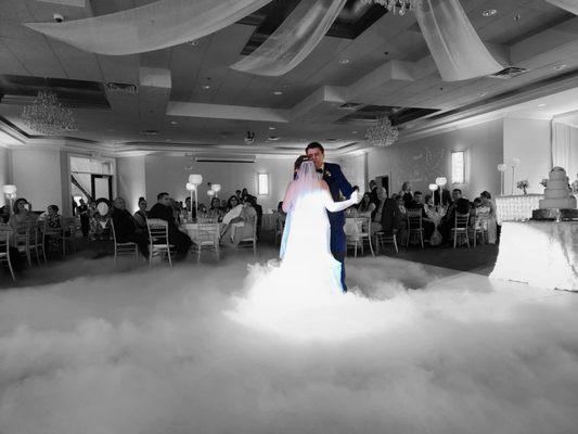 Name on the lights, dancing on the clouds, ceiling drapery, cake provided too which you can choose out of many. Beautiful chandeliers