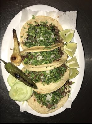 Steak tacos on hand made corn tortillas, with cilantro and onion on top.