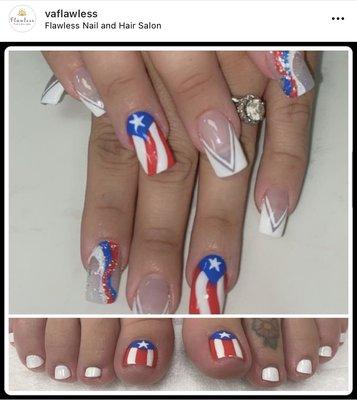 Pedicure and Acrylic set w/ Puertorican flag nail art,