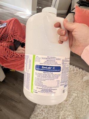 This is the enjoyable jug of prep my mom got to drink to not even be able to do the procedure.