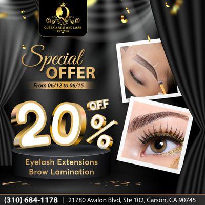 SPECIAL OFFER
20% OFF Eyelash Extensions, Brow Lamination
From 06/12 to 06/15