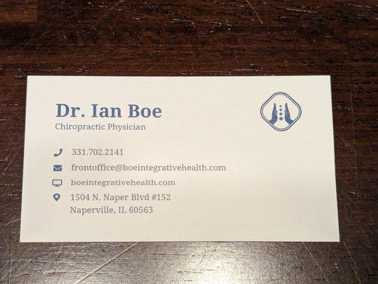 Business card. Office is at Hobson and Naper in the Hobson Medical Campus building.