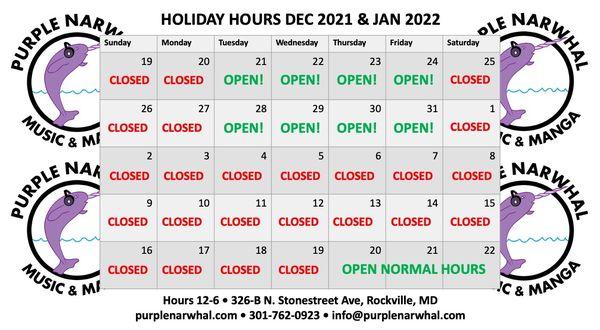 We're open extended holiday hours and then taking a break the first two weeks of January!