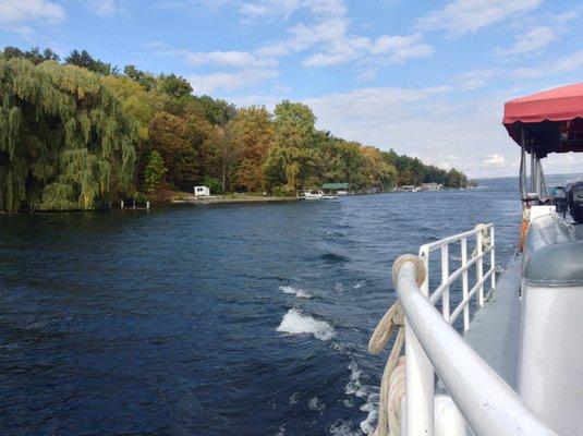 West shore of the lake. Bring a jacket—it can be cold on the water!