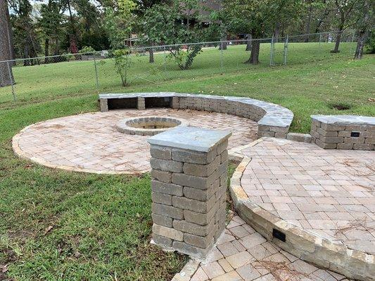 Belgard stone walk patio firepit and seating with Columns.