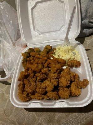 Shrimp and scallop plate with potato salad and fried okra