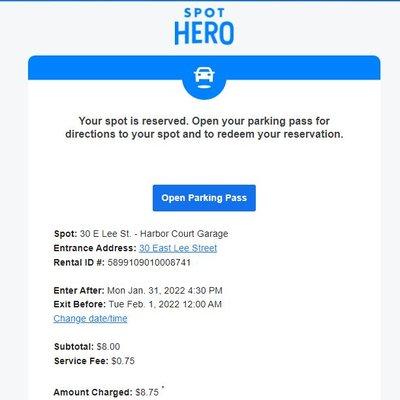 $8 for about 7 hours of parking on a Monday evening, plus a nominal service fee.