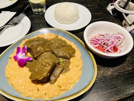 Seco de Carne con Frijoles Plato (Peruvian short ribs w/ cilantro & black beer sauce & criolle salad)