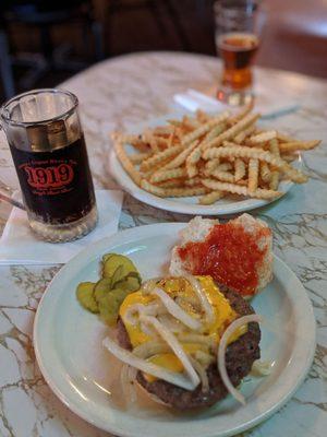 Cheeseburger, fries, root beer