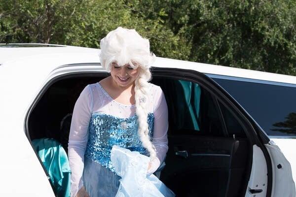 Princess Elsa, from Something Enchanted Princess Parties, arriving at the Sparkle! Concert.