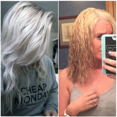 here is a side by side of the color I asked for and the picture I showed her and what I went home with .... and yes I had to pay for that.