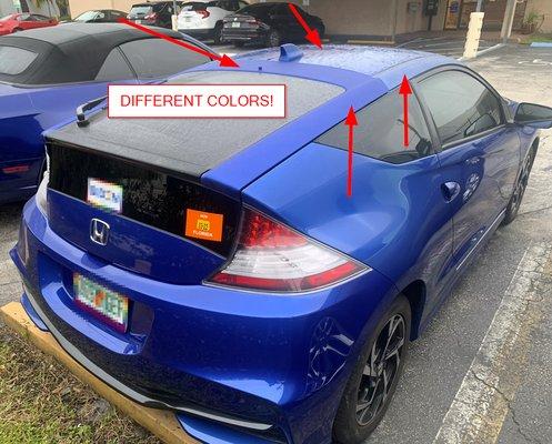 Horrible paint matching. They corrected enough by buffing the roof and hood of the car.