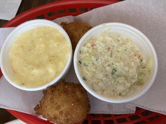 Cheese Grits, Cold Slaw, Hush Puppies